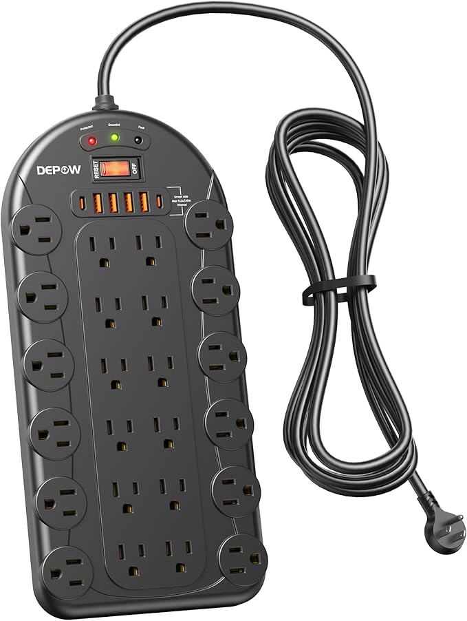 Power Strip, 24 AC Outlets (1875W/15A) with 6 USBs (2 USB-C Ports), ETL Listed, Surge Protector (3,400 Joules), 8 Ft Heavy Duty Flat Plug Extension Cord, Wall Mountable for Home, Office, Black