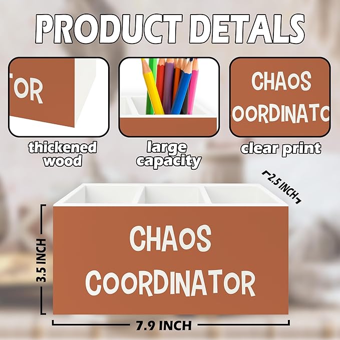 Chaos Coordinator Orange Pen Pencil Holder Organizer for Desk, Thank You Gifts for Women Men Coworkers Boss Leader Manager, Appreciation Gifts Wooden Box Sign for Office Tabletop Decorations