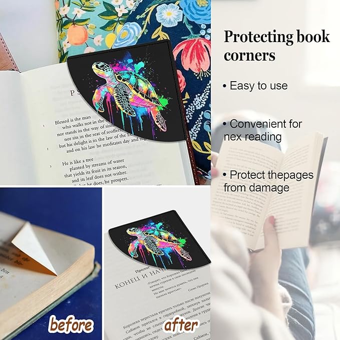 Cute Turtle Corner Bookmarks 4 Pcs, Sea Animal Leather Book Accessories for Book Lovers, Funny Reading Book Page Markers for Women Girls Men Teacher Student Boys Kids Birthday Gifts