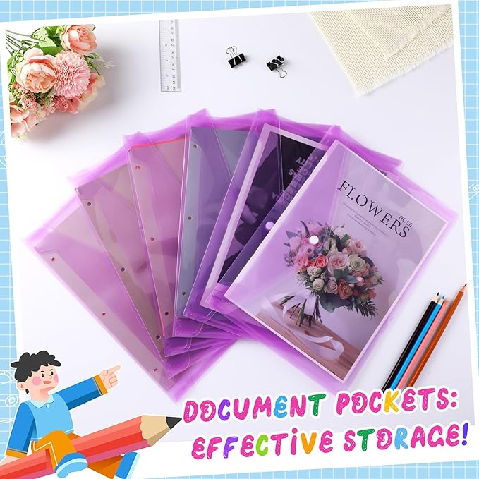100 Pcs Clear Envelopes with Snap Button Closure Bulk A4 Letter Size Clear Plastic Envelope Folder Document Organizer File Folders for Office Home (Purple)