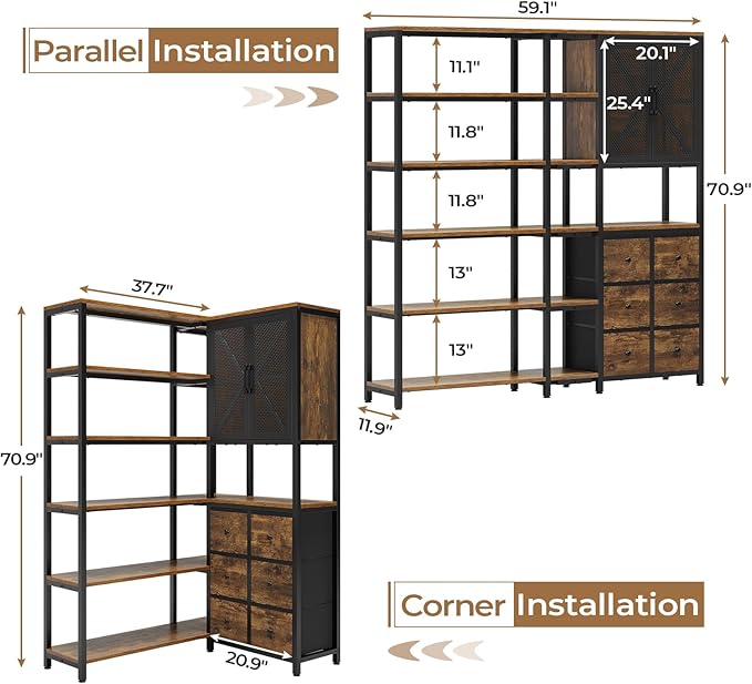 Corner Bookshelf, 6 Tier Industrial Convertible Bookshelf with 6 Fabric Drawers, Corner Bookcase Large L Shaped Storage Display Shelf for Home Office, Living Room, Kitchen, Black