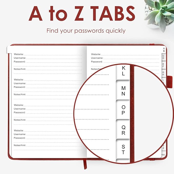 Elegant Password Book with Alphabetical Tabs - Hardcover Password Book for Internet Website Address Login - 7" x 10" Password Keeper and Organizer w/Notes Section & Back Pocket (Wine Red)