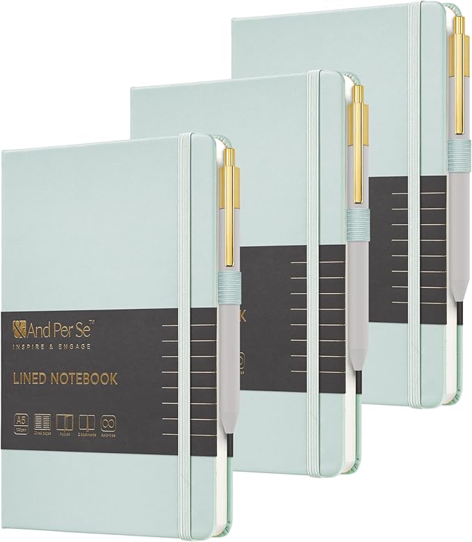 A5 Lined Leather Journal and Pen Set (3 packs), Hardcover Notebook with Pen, 160 Pages 100gsm Thick Ruled Paper for Men Women, for Work, Business, School or Home Writing, 5.7'' x 8'' (Cyan)