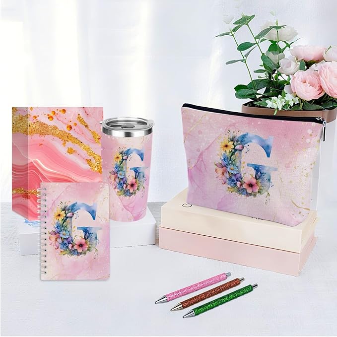Personalized Gifts Monogrammed Birthday Gifts for Women, Her Employee Housewarming Christmas Initial 20 oz Tumbler, Makeup Bag Cup Ballpoint Pens Journal Notebook 6 Set, (Aesthetic Pink Flower G)