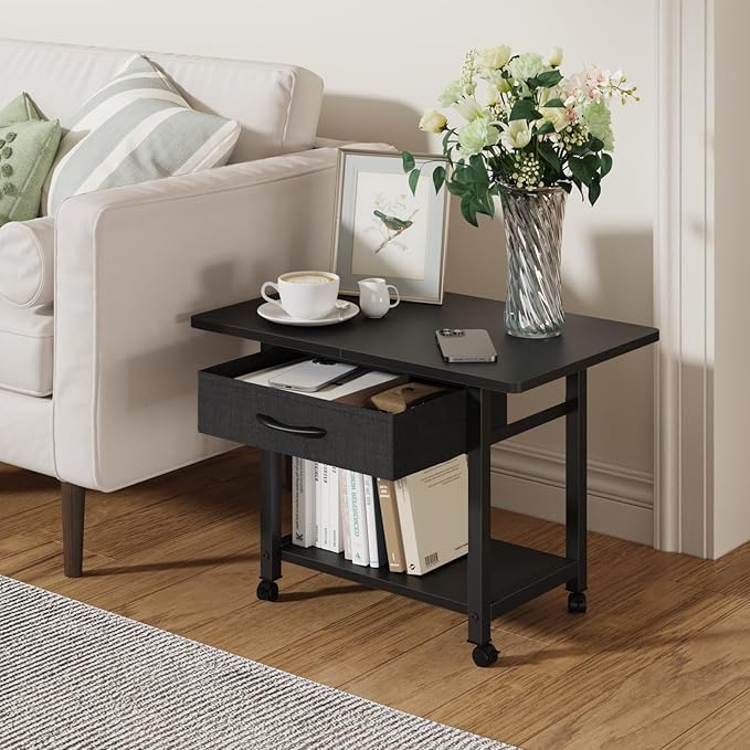 22"x15" Large Printer Stand with Storage Drawer, 2-Tier Under Desk Printer Table for Home Office, Printer Cart fit Fax Machine/3D Printer/Scanner(Black)