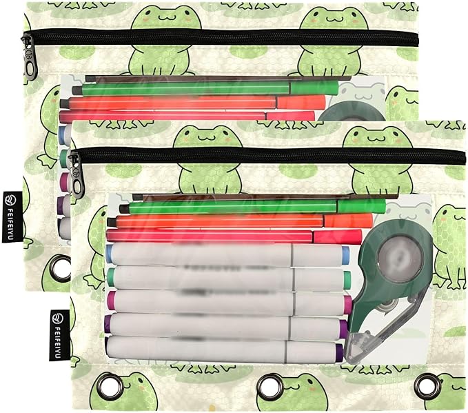 ZAZYXTJ Frogs Binder Pencil Pouchs 3 Ring with Zipper Clear Window Office Organizers bag for School Students Teacher Supplies 2 Pack
