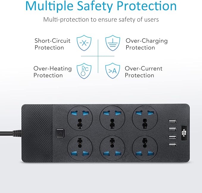 European Power Strip, Jumpso Universal Power Strip with 6 AC Outlets and 4 USB Ports, 110-240v, 3000w 6ft Extension Cord with EU Plug, Outlet Extender Plug Adapter for Overseas Travel Essentials