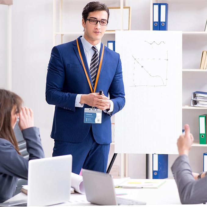 100 Pack Lanyards for ID Badges with Clear Name Tags, Reusable Lanyards Horizontal ID Card Badge Holders Plastic Name Badges for Men Women Kids Business School and Office Supplies (Orange)