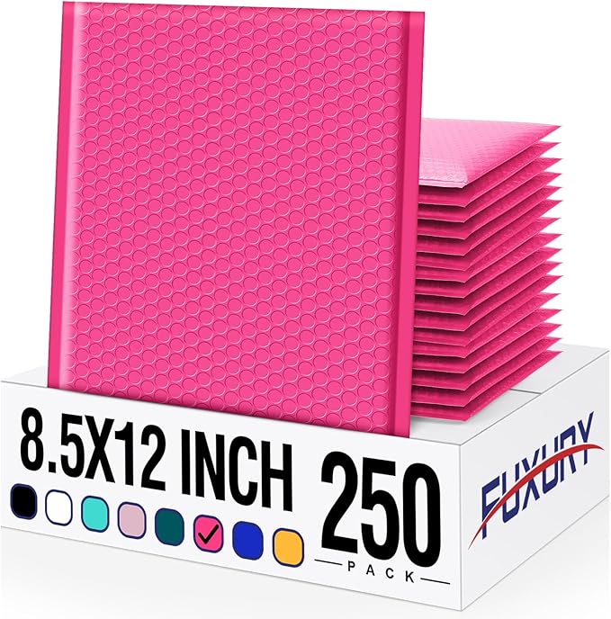 Fuxury Bubble Mailer 8.5x12 Inch 250 Pack Self-Seal Adhesive Padded Envelopes Bulk, Water Resistant Padded Mailers for Mailing,Packaging,Small Business,Shipping, Hot Pink #2