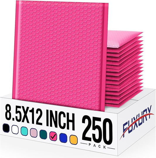 Fuxury Bubble Mailer 8.5x12 Inch 250 Pack Self-Seal Adhesive Padded Envelopes Bulk, Water Resistant Padded Mailers for Mailing,Packaging,Small Business,Shipping, Hot Pink #2