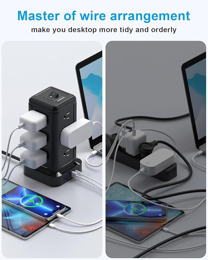 NVEESHOX Surge Protector Power Strip Tower, 10 FT Flat Plug Extension Cord with 12 AC Outlets 4 USB Ports(20W PD Type C), Charging Station with Surge Protection for Family, Office, Dorm