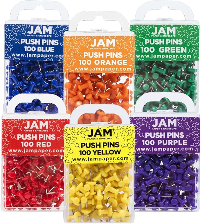 JAM PAPER Colorful Push Pins - Assorted Rainbow Colors Thumb Tacks - 600/Pack