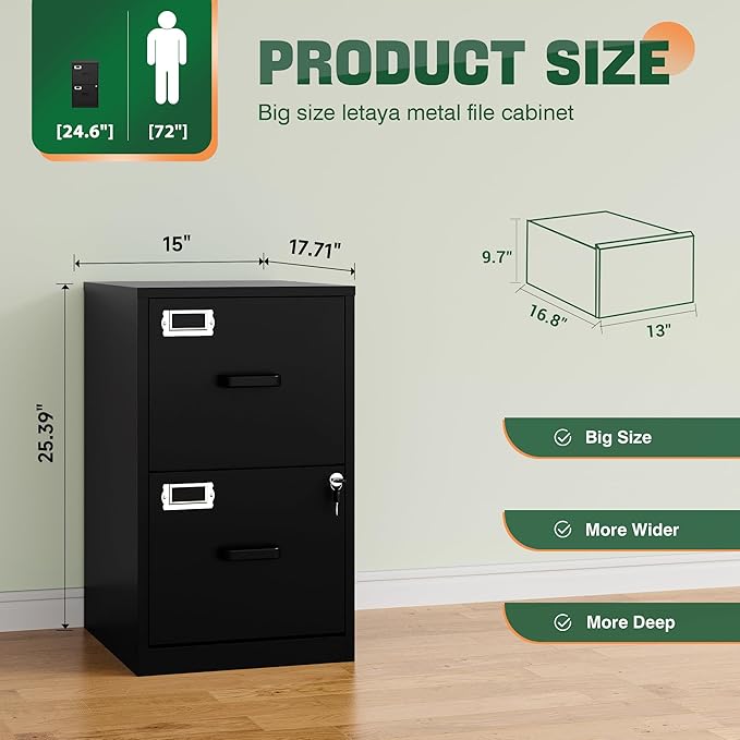 Letaya 2 Drawer File Cabinet with Lock,Metal Office Small Filing Cabinets for Home Office,Storage Letter,Black-Easy Assemble