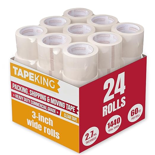 Tape King Clear Packing Tape 3 Inch Wide (24 Rolls) | Heavy Duty Packing Tape 2.7mil Strong Adhesive for Moving Boxes, Shipping Cartons, Office Use, Storage & Wrapping (1440 Yards)