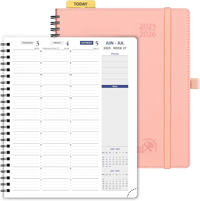 POPRUN 2025-2026 Weekly Planner 7.25'' x 8.25''Academic Spiral Appointment Book (July 2025-June 2026) with Quarter-Hourly Schedule, Monthly Tabs, Leather Softcover, Inner Pocket - Soft Pink