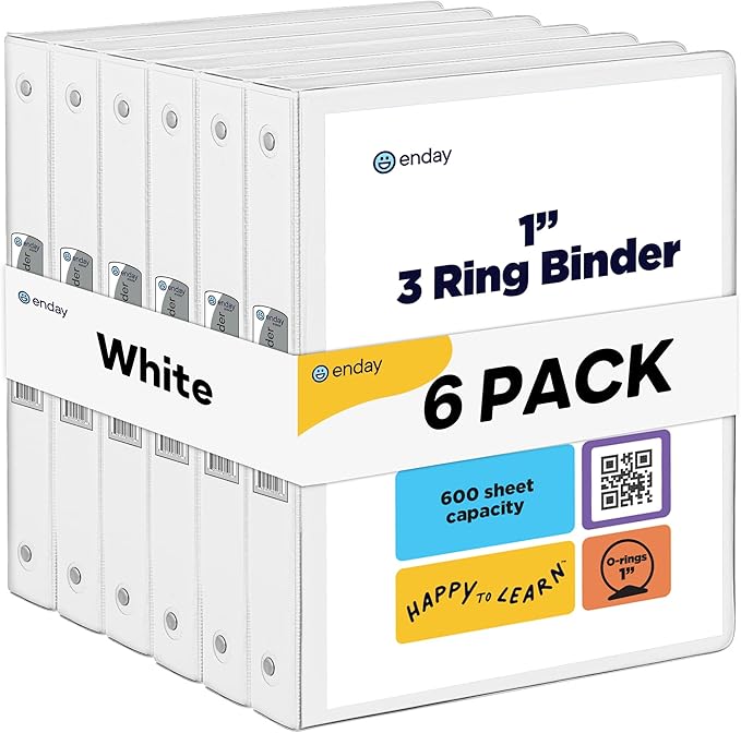 1 Inch 3 Ring Binder 1” Binder White Clear View Cover with 2 Inside Pockets, Colored School Supplies Office and Home Binders, 6 Pack – by Enday
