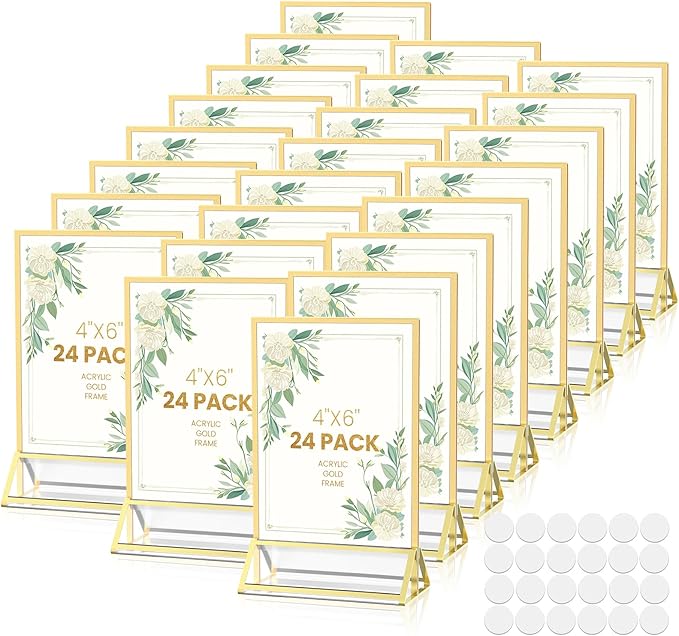 Gold Frames 4X6 Acrylic Sign Holder Double-Sided Acrylic Picture Frames Display Stand for Flyer Holder Menu Holder Wedding Table Number with Removable Sticky Dots-24 Pack