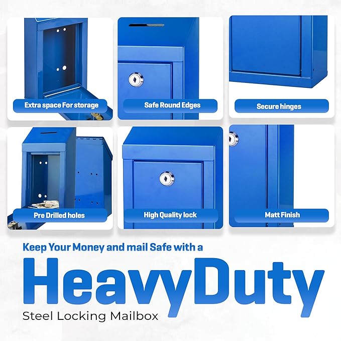 Metal Donation Box-Suggestion Box with Slot and lock-Cash Lock box for Money-Secure Drop Box-Comment and ballot voting box-comes with pre-drilled holes for easy wall mounting 10 X 6 X 2.5"(Blue)