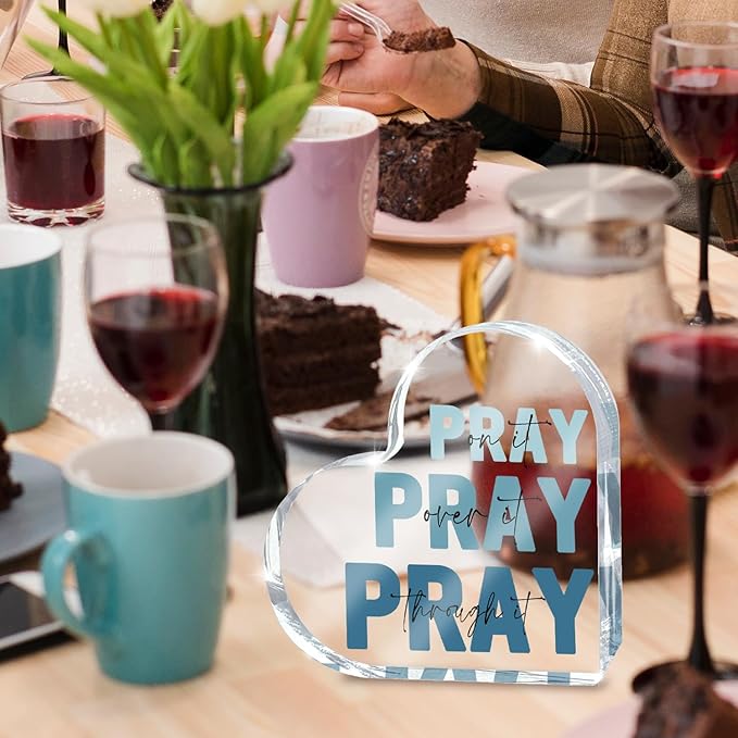 Religious Plaques Christian Woman Decor Gifts, Blue Prayer Room Decor, Pray On It Pray Over It Acrylic Sign Decorative for Home Pastor Farmhouse Living Room Church Table Desk Bookshelf