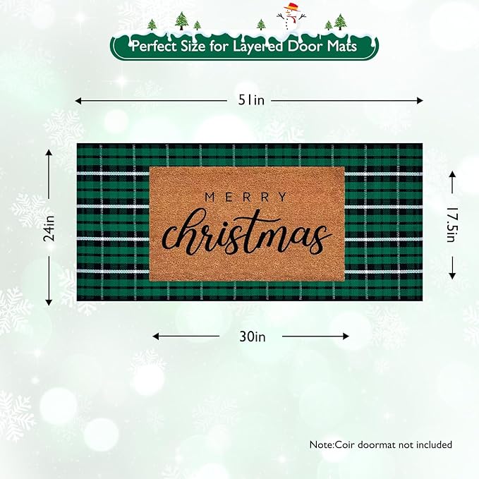 Christmas Door Mat Outdoor 24"x51", Green/Black Buffalo Plaid Front Porch Rug Cotton Hand-Woven Washable Layered Door Mats,Reversible Checkered Floor Rugs for Home Decor Outside