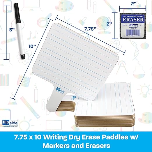 Flipside Products - 7.75" x 10" Two-Sided (Lined Side/Blank White Side) Rectangular Dry Erase Writing Answer Paddles, 12 Pack + Black Markers + Erasers