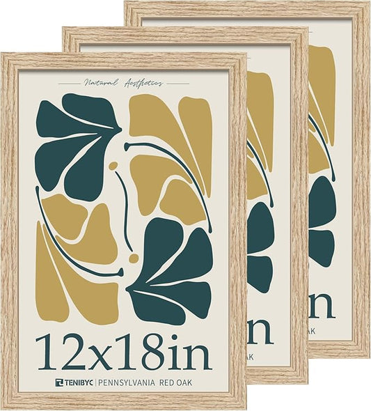 12x18 Oak Wood Frame with HD Glass - 3pk, Natural Solid Wood Picture Poster Frame, Wall Gallery Frame