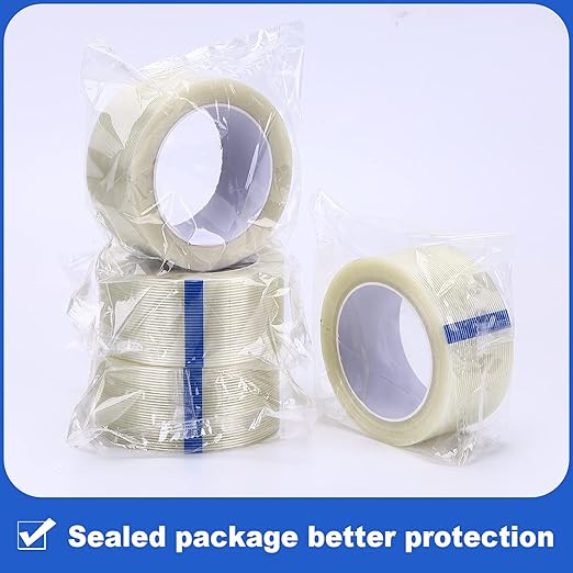 4 Pack Fiberglass Tape, Extra Thickness 6.3 mils and Super Sticky, Transparent Filament Reinforced Strapping Tape for Heavy Duty Packing, 2inch×27yds/Rolls
