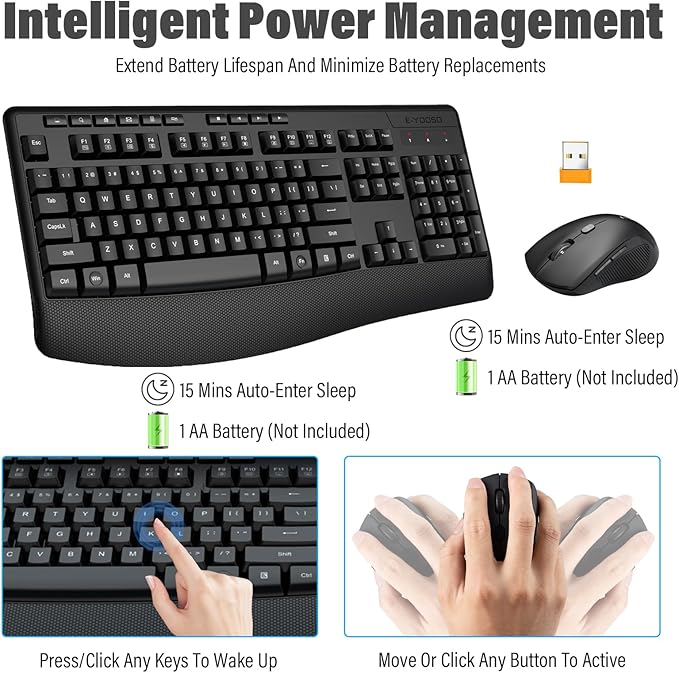 E-YOOSO Wireless Keyboard and Mouse Combo,Silent Soft Touch Quiet Keyboard Less Noise 90%,Ergonomic with Wrist Rest,2.4GHz 104 Keys Full Size,2400 DPI Mouse,for PC Computer/Laptop/Mac/Tablet,Black