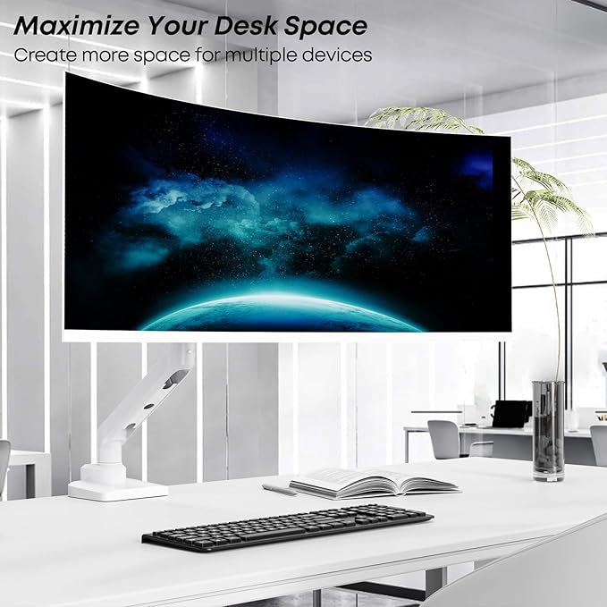 Premium Heavy Duty Monitor Arm for 17 to 49 inch Screens up to 44lbs, Fully Adjustable Ultrawide Single Clamp-on Desk Mount Stand, VESA 75x75/100x100mm (White)