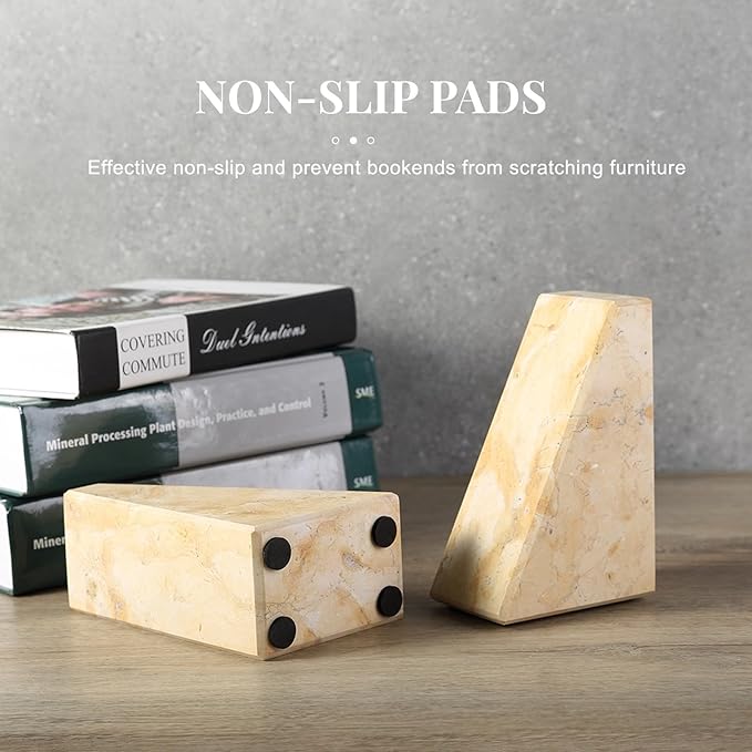 Koville Marble Bookends for Shelves, Large Bookends for Heavy Books, Non-Slip Heavy Duty Book Stopper for CD/Movies, Aesthetic Decorative Bookends for Shelves Table Home Decor(Gold)