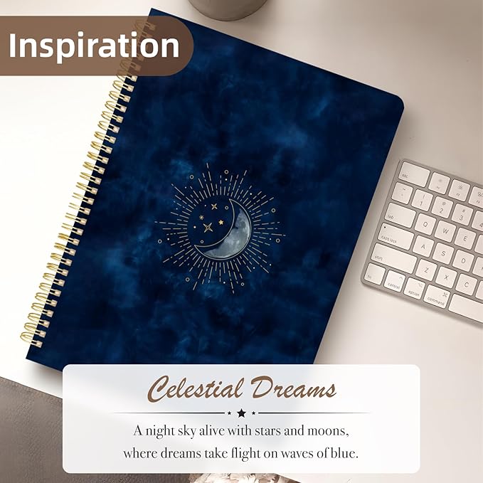 Cute Spiral Notebook journal A4 Aesthetic Pretty Design for Women Girls Kawaii with Pocket, 8.5 x 11 inch, Graph, Blue Moon
