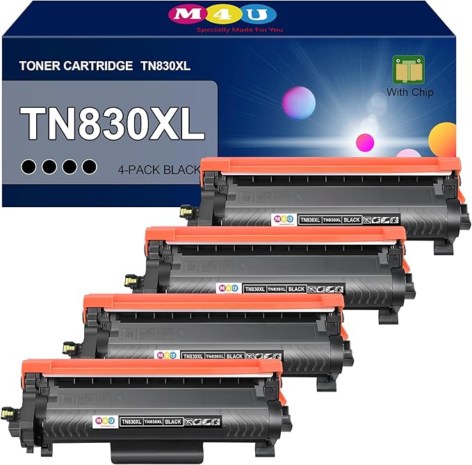 TN830XL Toner Cartridge(with Chip) 4 Pack Black Compatible with Brother TN830XL Toner Cartridge, Working with HL-L2460DW MFC-L2820DW MFC-L2820DWXL HL-L2400D HL-L2405W DCP-L2640DW HL-L2480DW Printer