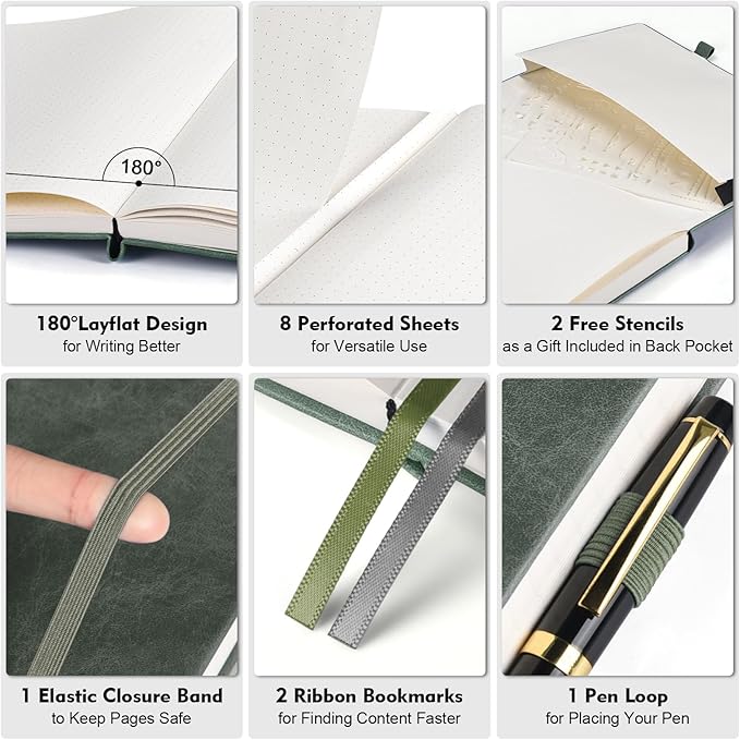 Dotted Journal Notebook, 312 Numbered Pages Large B5 Hardcover Leather Notebook, 100gsm No Bleed Paper Dot Grid Notebook with Index Pages, Dot Journal for Women Men, 7.6'' X 10'', Green