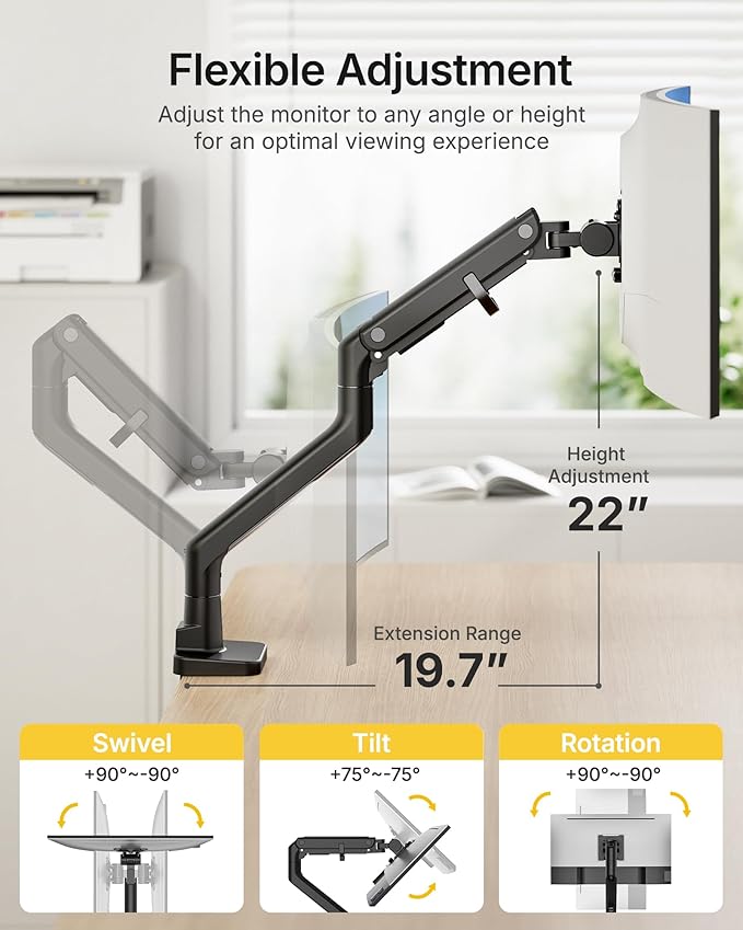 monTEK Heavy-Duty Monitor Arm for 17-57" Ultrawide Curved Screen, Supports up to 59.4 lbs, Adjustable Gas Spring Arm, 75/100 VESA Mount, Clamp & Grommet Desk Monitor Mount Single, Black