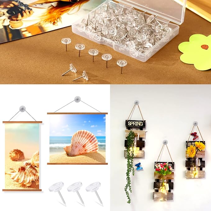 150 PCS Push Pins, Standard Plastic Head Steel Point Thumb Tacks, Clear Round Head for Bulletin Boards, Fabric Markers & Crafts Organization