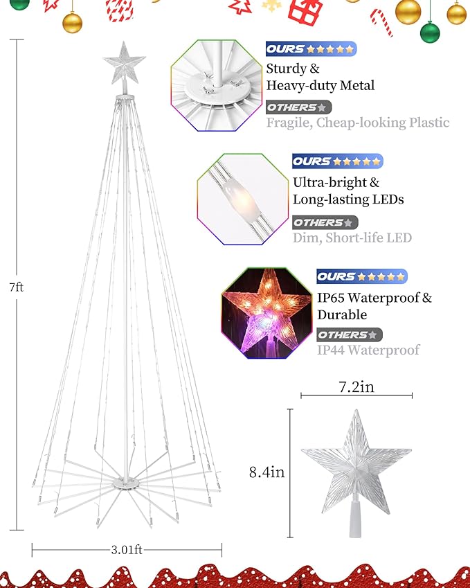 Brightever Smart Christmas Cone Tree, 7FT 295 LED Outdoor Christmas Tree Prelit with 16 Million RGB Light Show, APP/Remote Control Color Changing Music Sync Outdoor String Lights for Xmas Decorations