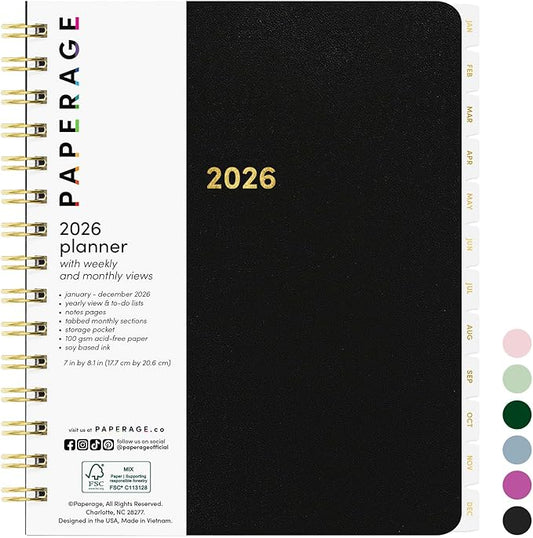 PAPERAGE 2026 Weekly & Monthly Planner, 12 Months (January 2026 - December 2026), 6.6 in x 8.1 in, Spiral Bound 2026 Planner with Weekly, Monthly & Yearly Views, Note Pages & Inner Pocket – Black