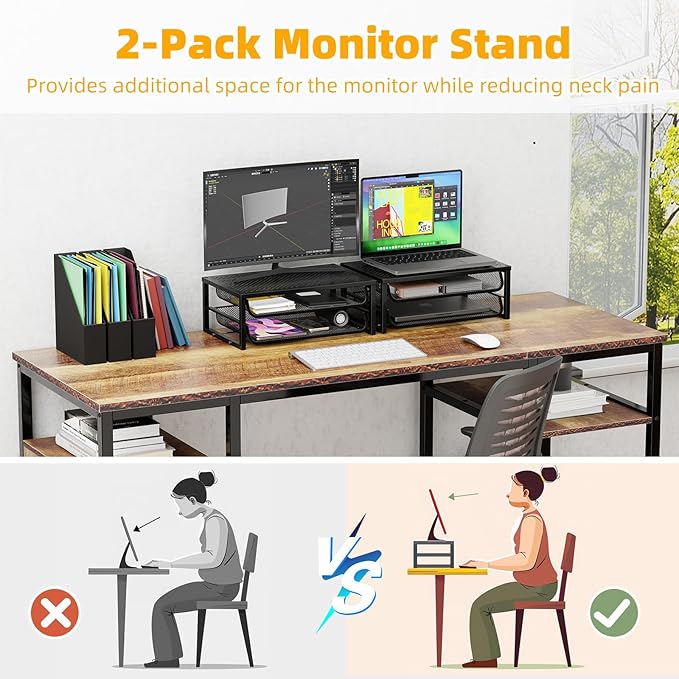 Desk File Organizer, 2 Pack 2 Tier Metal Computer Monitor Stand Riser, Letter Tray Paper Organizer with Sliding Trays for Office, Home, Black