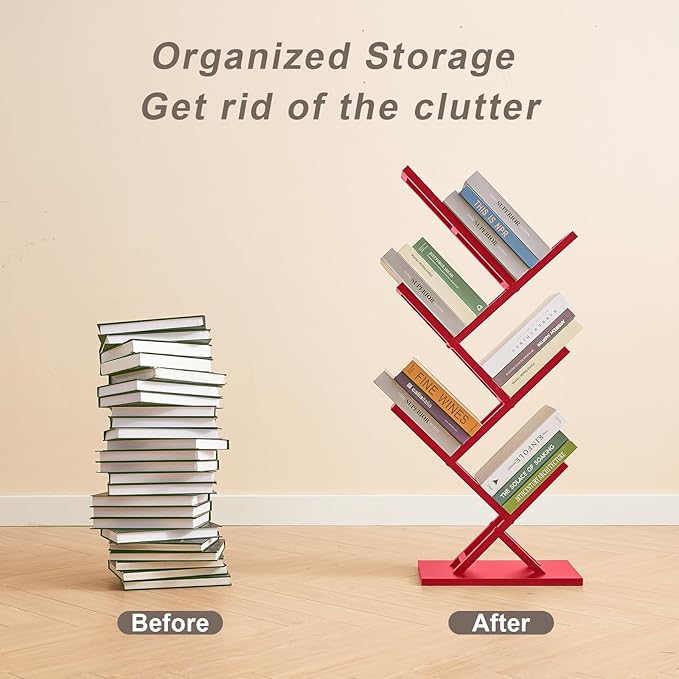 5 Tier Tree Bookshelf, Floor Standing Bookshelf for Narrow Space,Storage Organizer Bookshelves for Books/CDs/Magazine, Bookcase with Shelves for Home Office, Living Room-Red