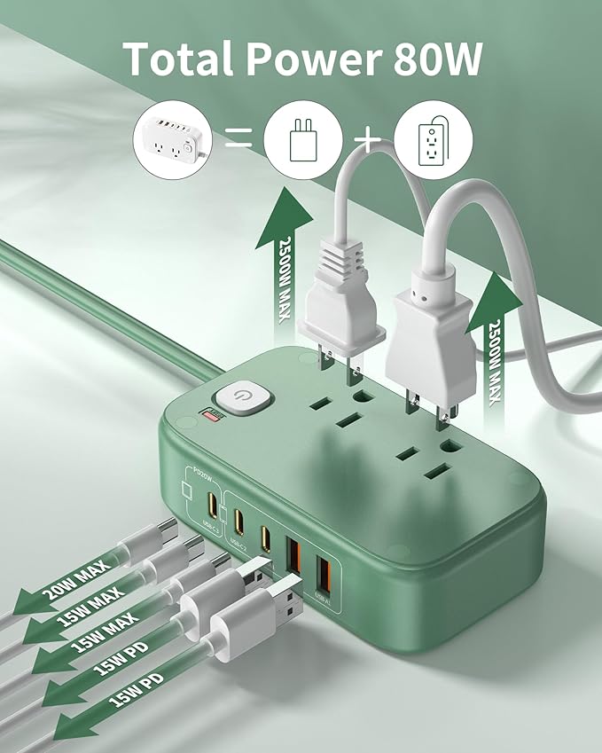 Power Strip with USB C Ports,30W USB C Charging Station,Surge Protection 1200J, 5FT Flat Extension Cord USB Charger Hub for Multiple Devices (Pearl Green)