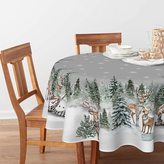 Horaldaily Christmas Tablecloth 70×70 Inch Round, Deers Snowman Trees Grey Washable Table Cover for Party Picnic Dinner Decor