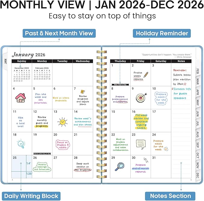 2026 Planner, Weekly and Monthly Calendar Planner Book, January 2026 - December 2026, Hardcover Spiral Planner with Monthly Tabs, Notes Pages, Perfect for Women & Men, A5 (6.4" x 8.5") - Blue