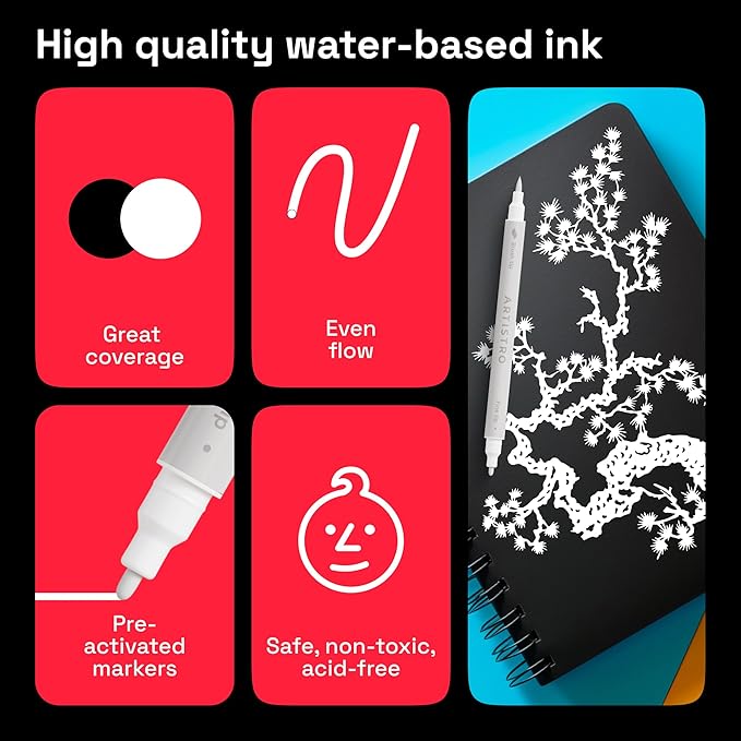 ARTISTRO 2 White Dual-Tip Acrylic Paint Pens - Multisurface Markers for Fabric, Plastic, & More, 1 mm Fine & Brush Tips