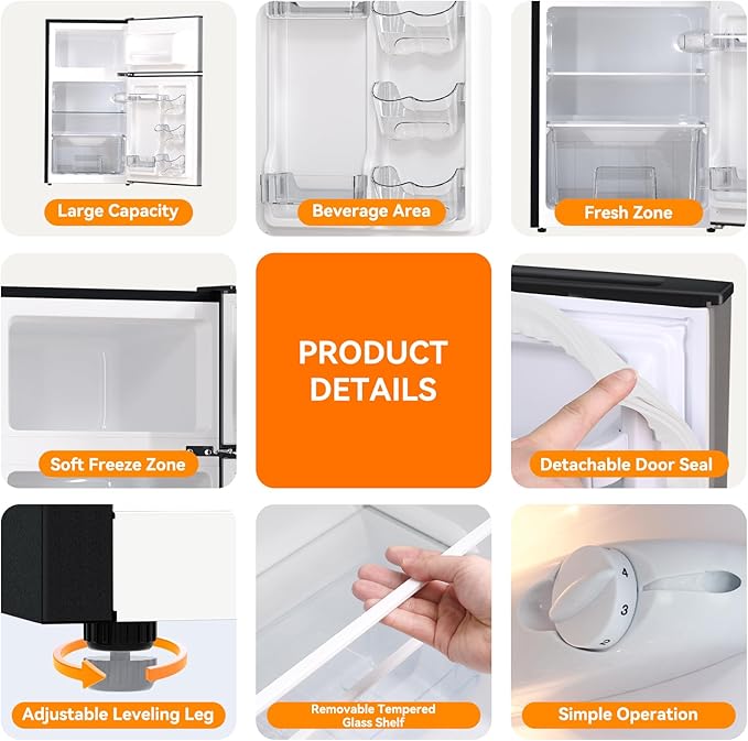 Frestec Mini Fridge with Freezer 3.2 Cu.Ft. 2 Door Refrigerator and Freezer Small Fridge for Bedroom Home Office Dorm, Small Drink Chiller, 37 dB Low Noise, Stainless Steel