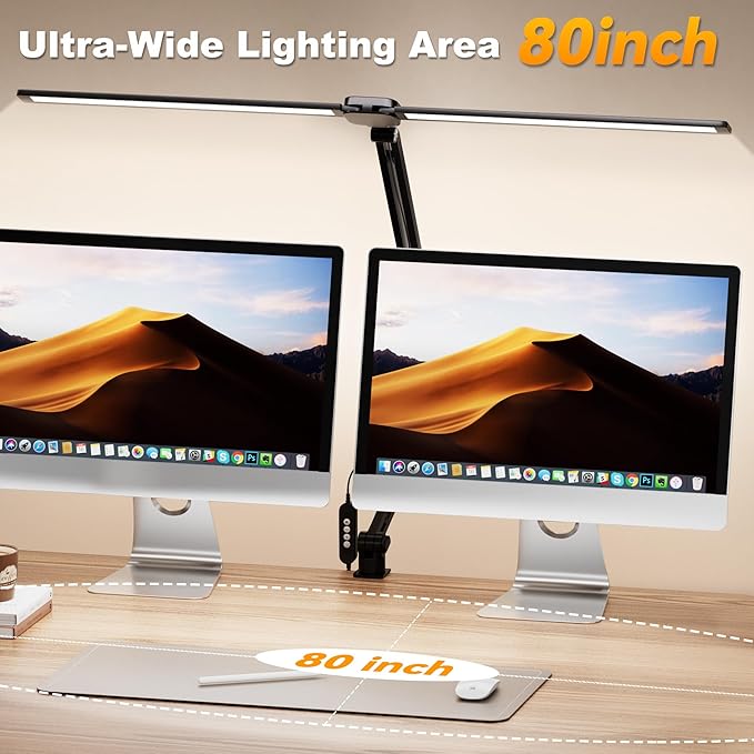 LED Desk Lamp for Office Home, 31.5" Architect Desk Light with Clamp Dual Screen Computer Monitor, 15W 5 Color X 10 Brightness Levels Table Lamp for Reading, Study, 1000LM Bright, Memory Function