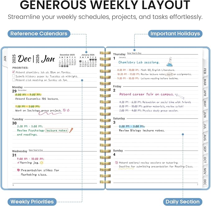 2026 Planner, Weekly and Monthly Calender Planner, Jan 2026 to Dec 2026, Hardcover 2026 Calendar Planner Book with Tabs & Inner Pocket, Office Home School Supplies for Women & Men - A4 (8.5" x 11"), Blue