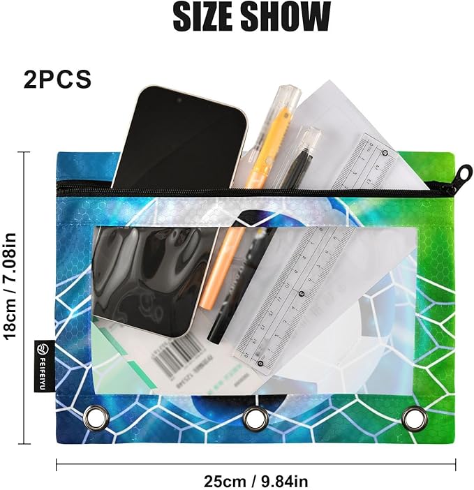 Soccer Ball Football on Field Pencil Pouch for 3 Ring Binder, 2 Pack Waterproof Pencil Bags Clear Window Pencil Case Zipper School Office Supplies