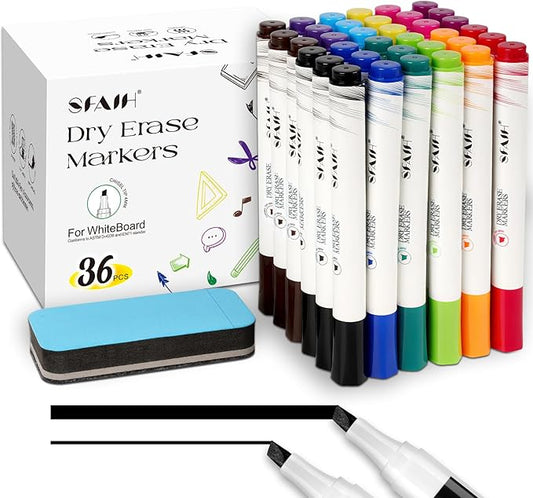 SFAIH Dry Erase Markers Chisel Tip with Magnetic Whiteboard Eraser, 36 Bulk 12 Assorted Colors White Board Markers for Teachers, Versatile Lines, 1s Quickly Dry, Perfect for Classroom and Office