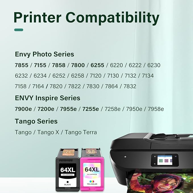 64XL 64 Black and Color Ink Cartridge Combo Pack XL Remanufactured Replacement for HP Printers Envy Photo 7855 7155 Inspire 7900e Series 7255e 7200e 7955e 7858 7800 6255 Tango Ink Cartridges (2 Pack)