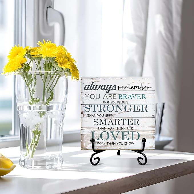 Inspirational Gift for Women Men Wood Sign with Stand - Always Remember You are Braver Than You Think, Motivational Gifts for Women Men Home Office Table Centerpiece Positive Decor Desk Plaque 39